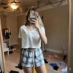 White Crop Top and Plaid Shorts Set